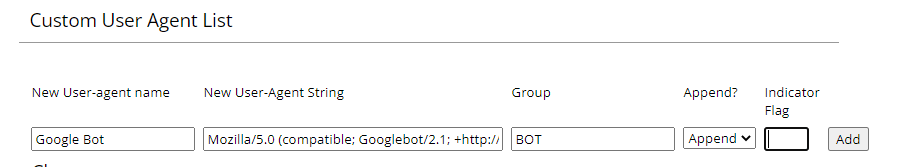 User-agent Switcher configuration Google Bot