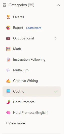 Menu des catégories Arena AI avec le filtre Coding sélectionné