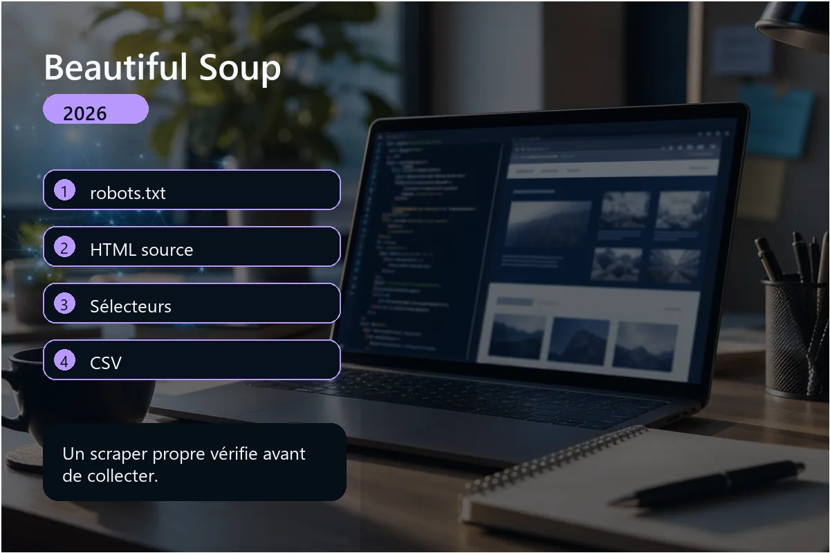 Infographie scraper Python Beautiful Soup avec robots txt pagination et CSV