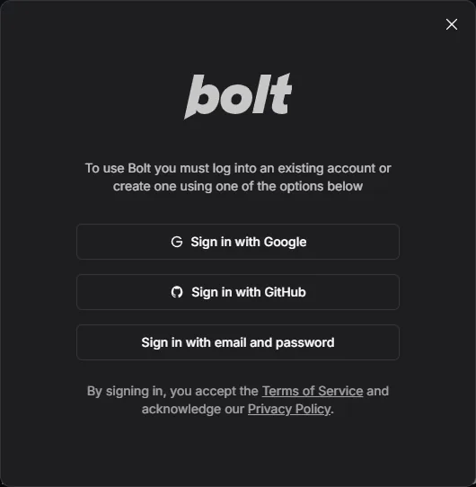 Fenêtre de connexion Bolt.new après le clic sur Build now