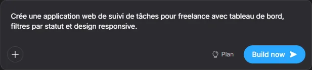 Zone de prompt Bolt.new avec le bouton Build now
