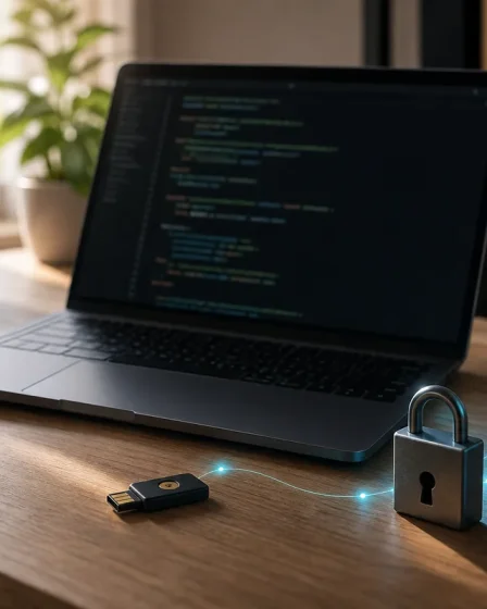 Bureau de developpeur avec ordinateur, cle de securite et cadenas pour proteger les secrets Codex