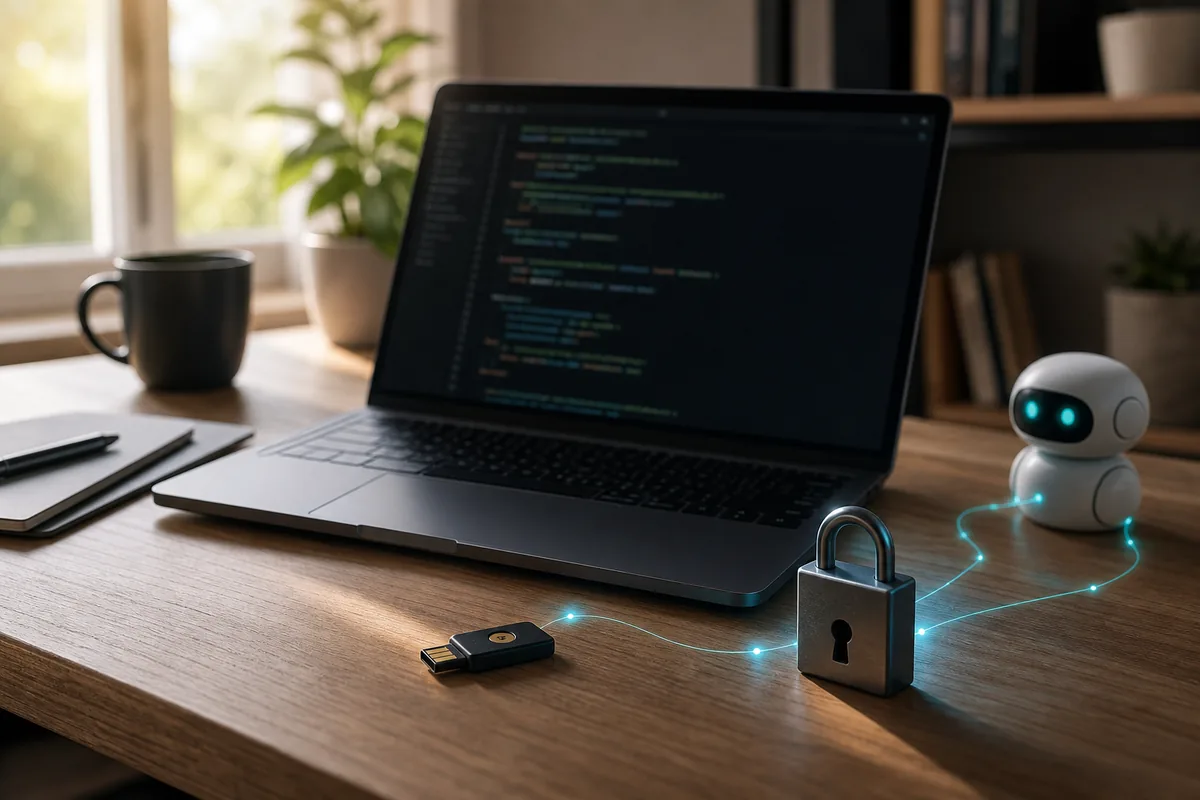 Bureau de developpeur avec ordinateur, cle de securite et cadenas pour proteger les secrets Codex