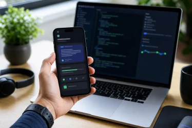 Téléphone avec interface agent IA devant un ordinateur de code