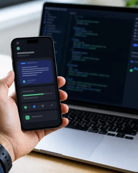 Téléphone avec interface agent IA devant un ordinateur de code