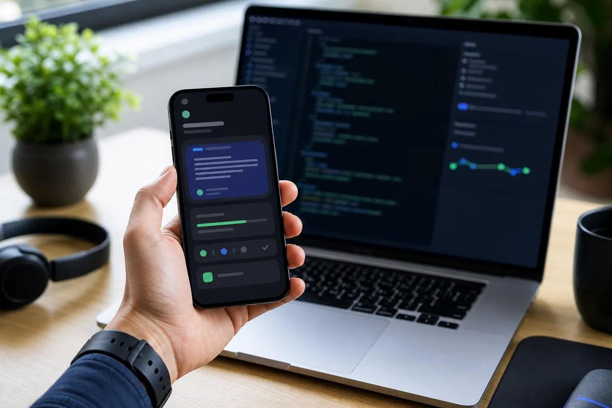 Téléphone avec interface agent IA devant un ordinateur de code