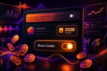 Interface sombre avec crédits Suno et interrupteur Show Credits
