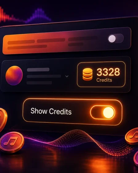 Interface sombre avec crédits Suno et interrupteur Show Credits