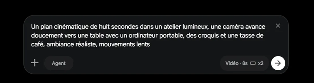 Zone de prompt Google Flow remplie pour créer une vidéo