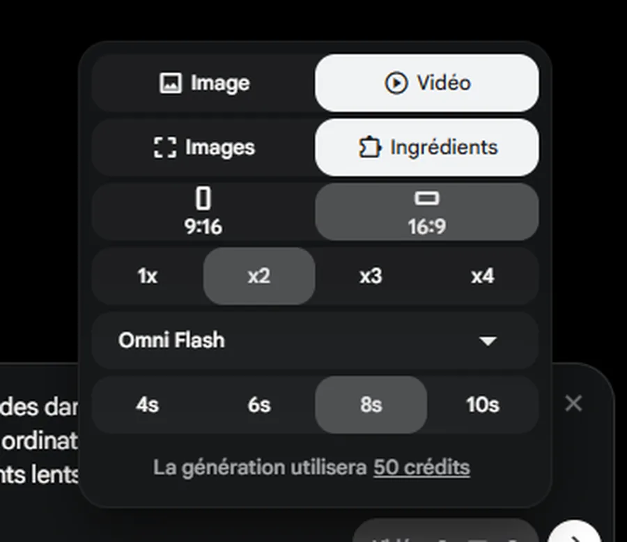 Menu des réglages vidéo dans Google Flow avec Omni Flash