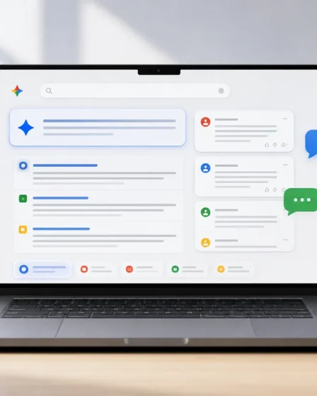 Interface de recherche IA Google avec avis Reddit et forums affichés sur un ordinateur
