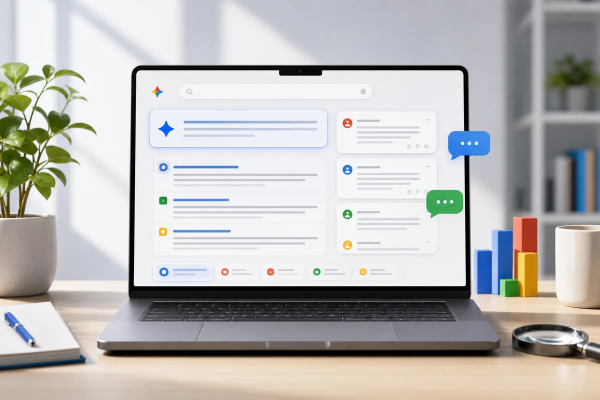 Interface de recherche IA Google avec avis Reddit et forums affichés sur un ordinateur