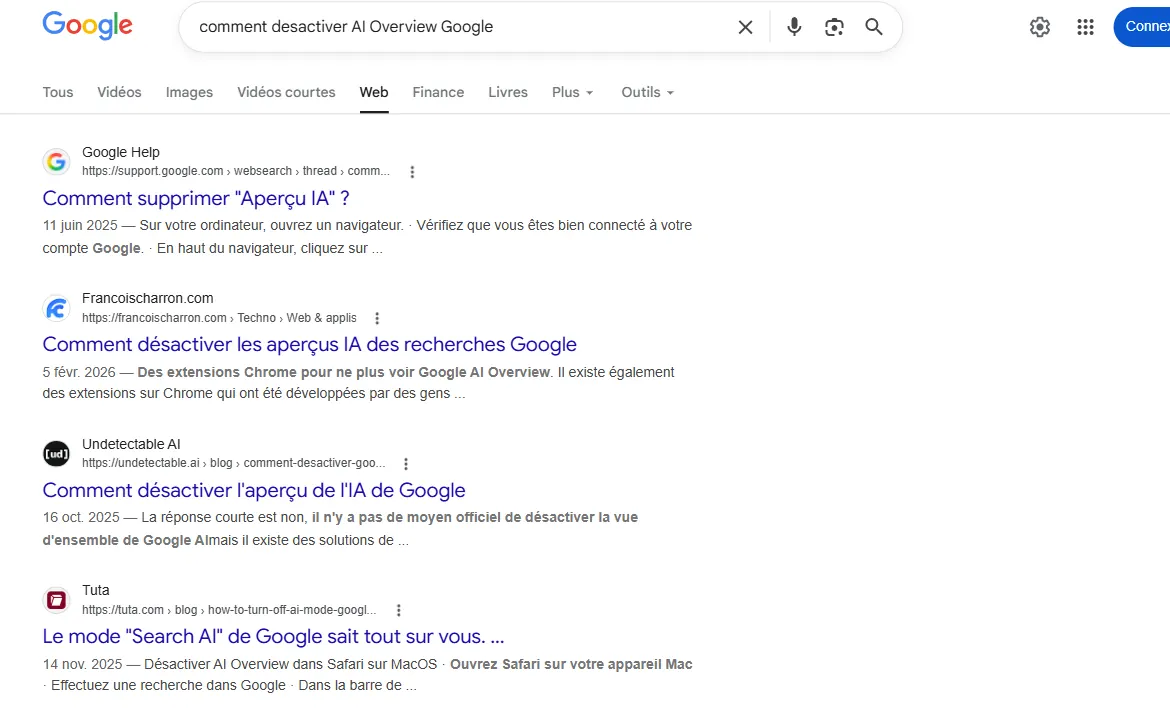 Résultats Google en mode Web avec udm 14 actif