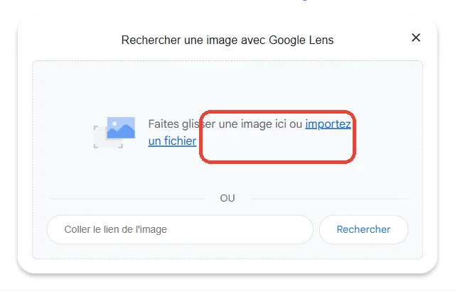 Zone Google Lens pour importer un fichier depuis un PC