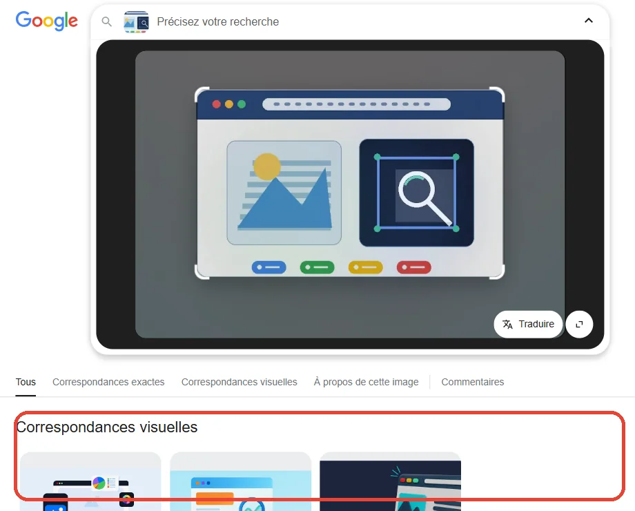 Résultats Google Lens avec les correspondances visuelles