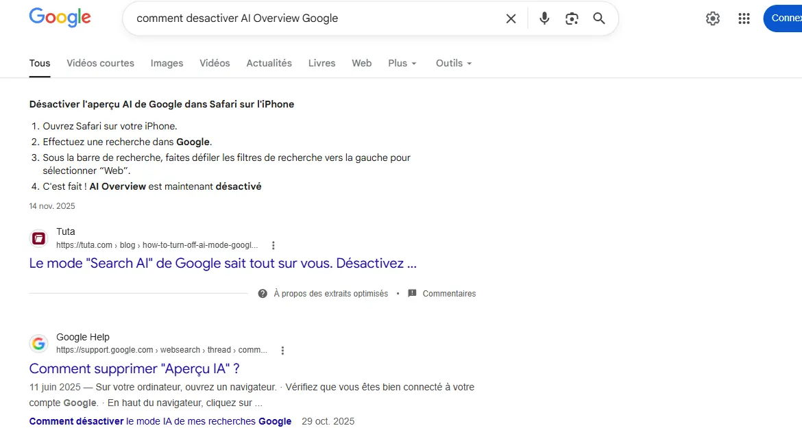 Résultats Google avec le filtre Web visible dans la barre de navigation