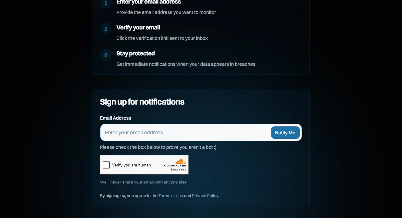 Page Notify Me de Have I Been Pwned