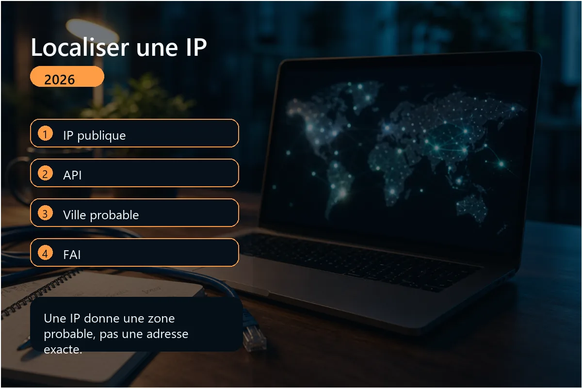 Infographie localisation IP avec API ville probable FAI et carte prudente