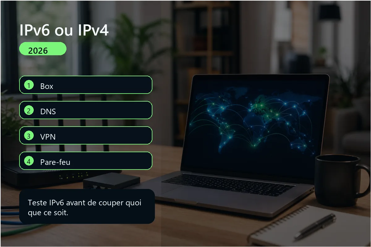 Infographie IPv6 et IPv4 avec adresse box VPN et réseau