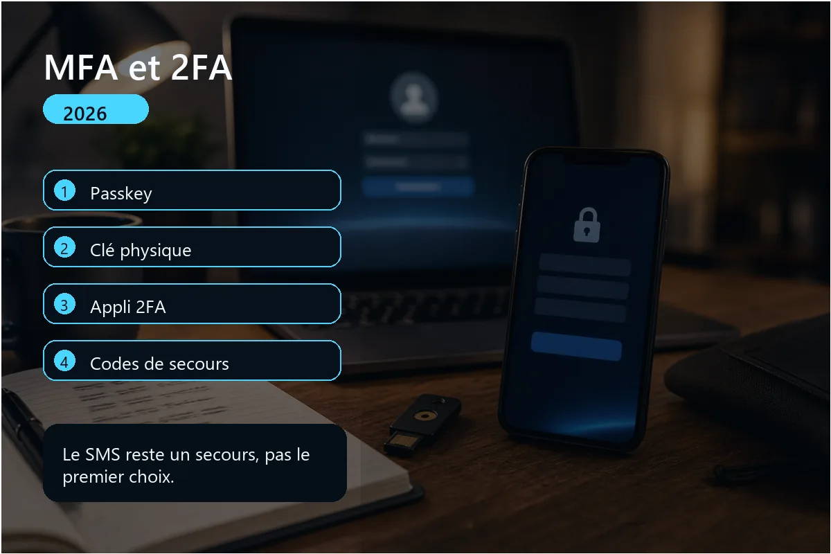 Infographie MFA et 2FA avec passkey clé sécurité appli mobile et SMS
