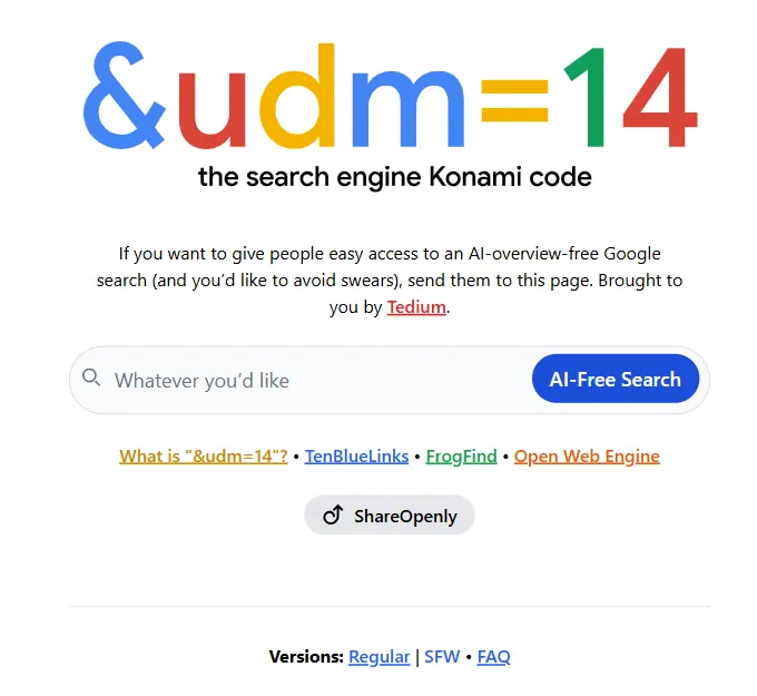 Page udm14 pour lancer une recherche Google sans affichage IA