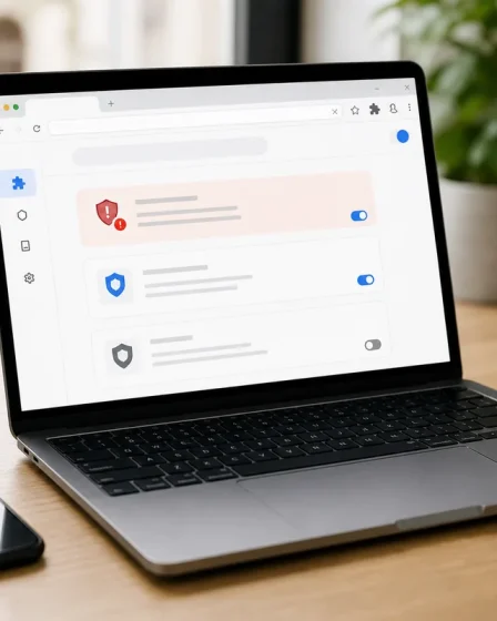 Ordinateur affichant une alerte sur une extension Chrome suspecte
