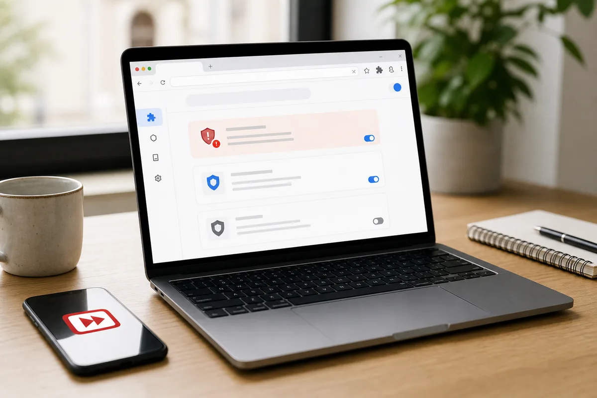 Ordinateur affichant une alerte sur une extension Chrome suspecte