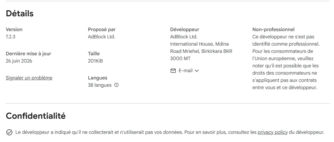 Détails Chrome Web Store avec version date développeur et confidentialité