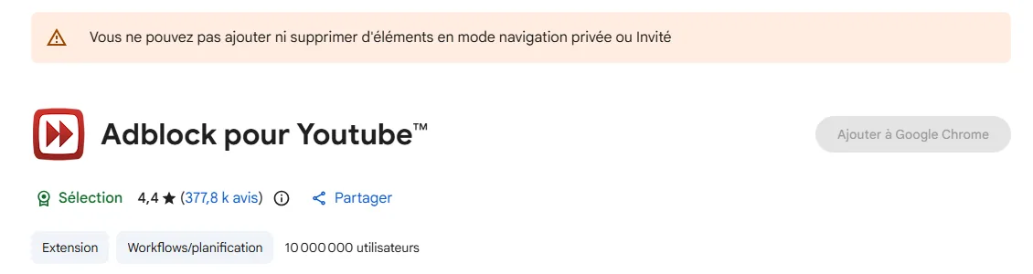 Fiche Chrome Web Store de Adblock for YouTube avec avis et utilisateurs