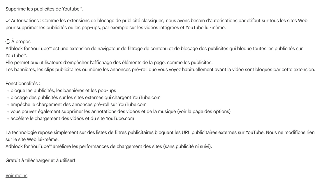 Présentation Chrome Web Store de Adblock for YouTube avec autorisations