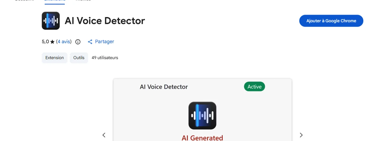 Fiche AI Voice Detector avec le bouton Ajouter à Google Chrome