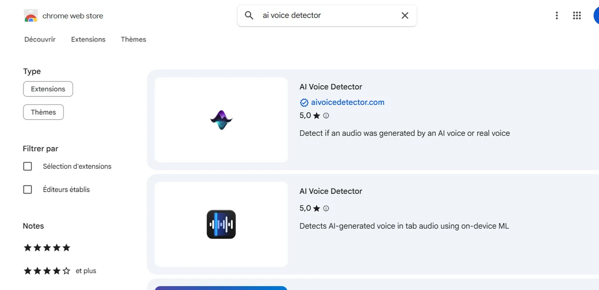 Recherche AI Voice Detector dans le Chrome Web Store