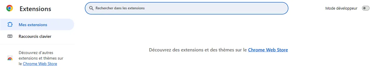 Gestionnaire des extensions Chrome avec champ de recherche