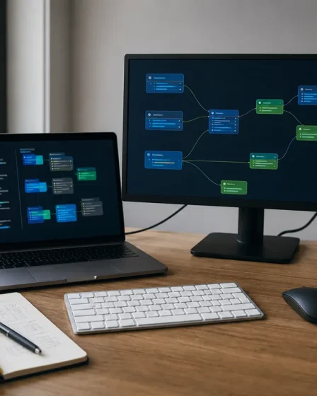 Bureau de développeur avec écrans affichant un workflow d’agents IA