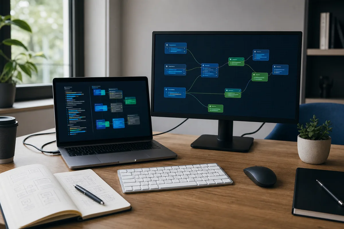 Bureau de développeur avec écrans affichant un workflow d’agents IA