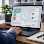 Ordinateur affichant un workflow IA avec modules connectés pour Codex Sites et plugins OpenAI