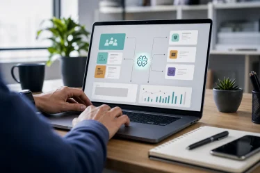 Ordinateur affichant un workflow IA avec modules connectés pour Codex Sites et plugins OpenAI