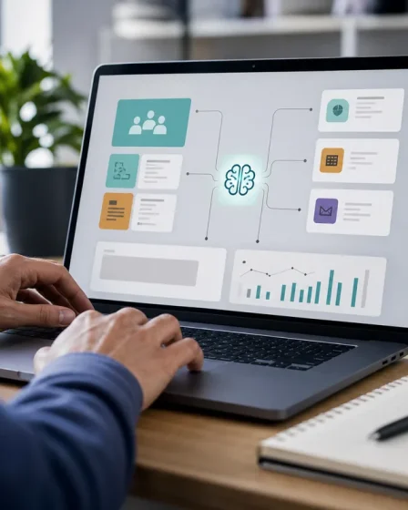 Ordinateur affichant un workflow IA avec modules connectés pour Codex Sites et plugins OpenAI