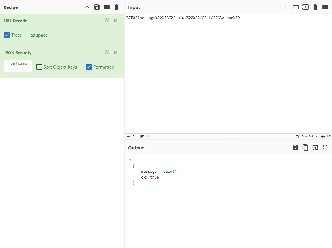 Recette CyberChef avec URL Decode et JSON Beautify
