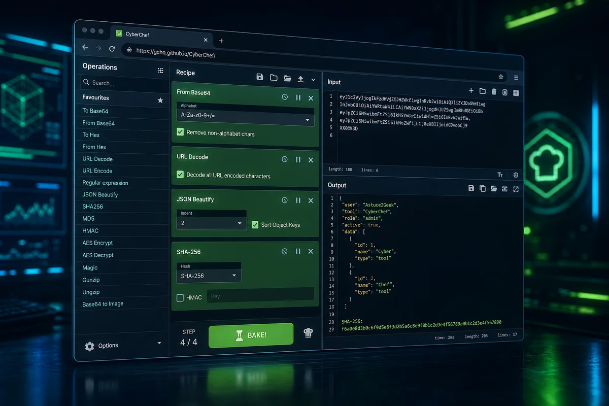 Image moderne de CyberChef avec interface de conversion de données