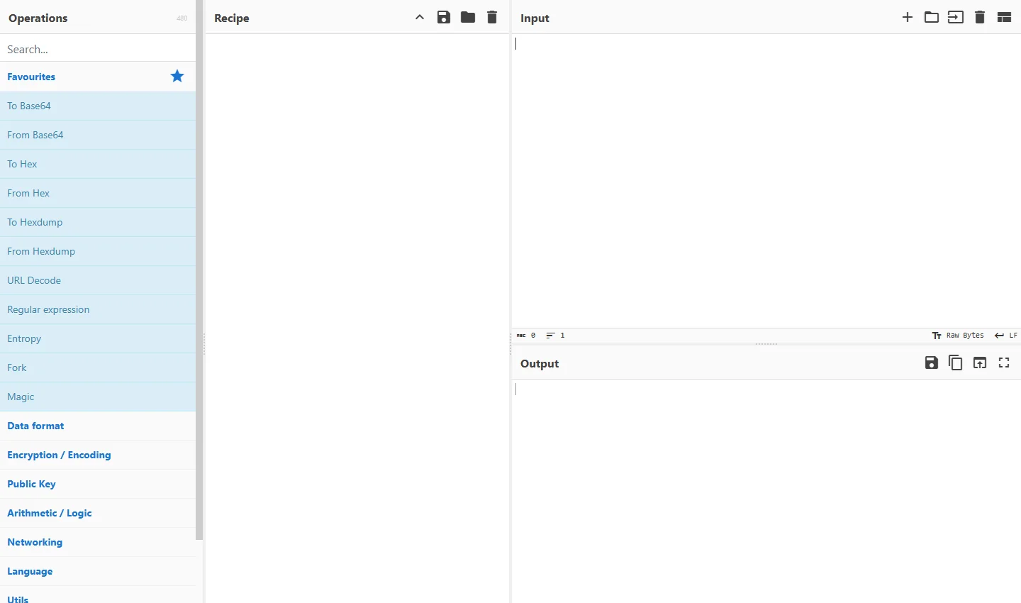 Interface générale de CyberChef avec Operations Recipe Input et Output