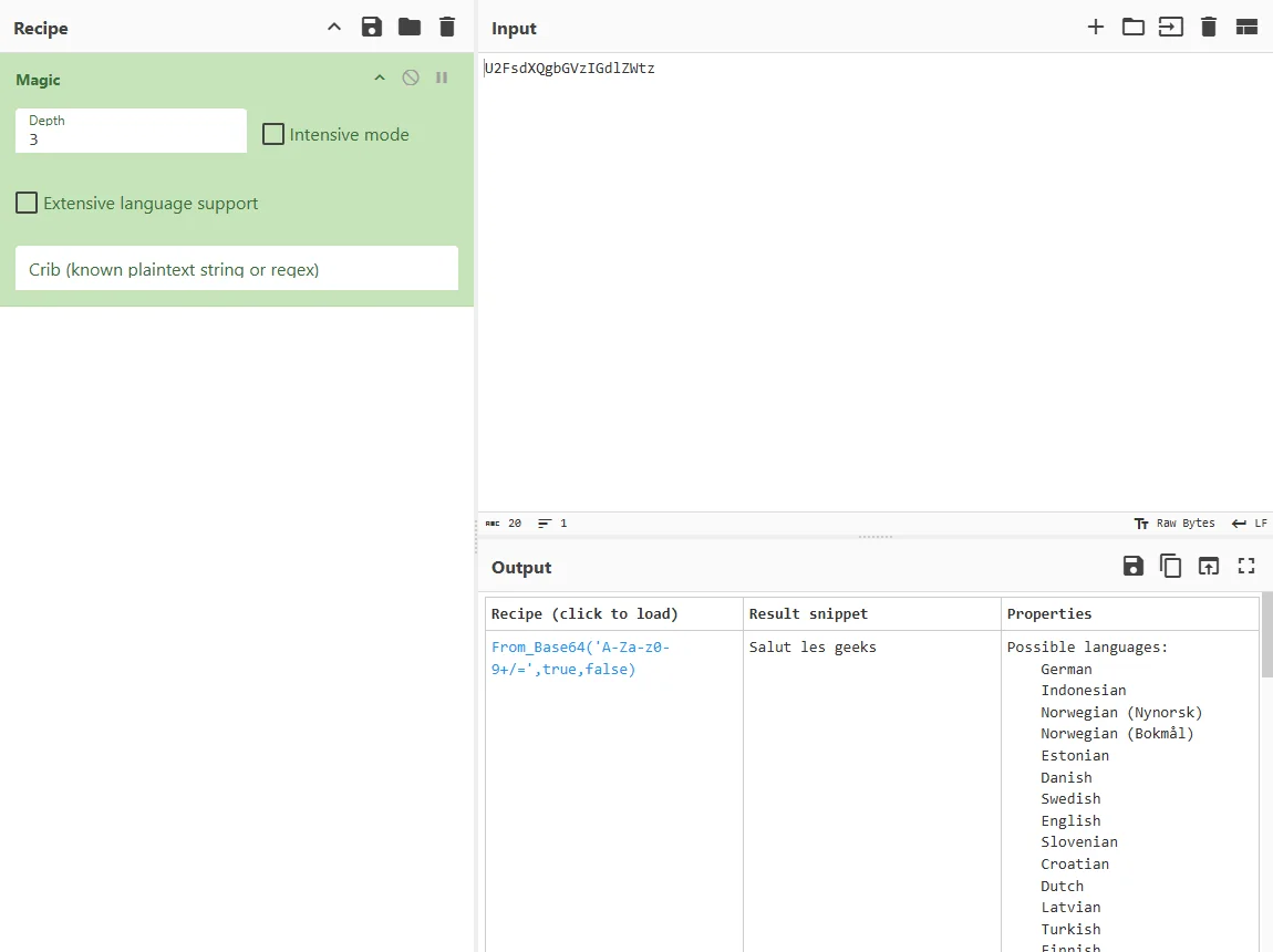 Magic dans CyberChef avec une suggestion From Base64
