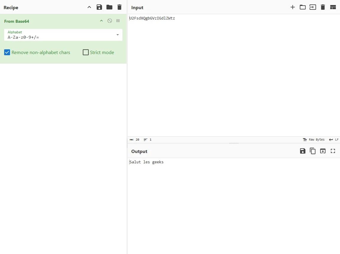 Recette From Base64 dans CyberChef avec résultat lisible