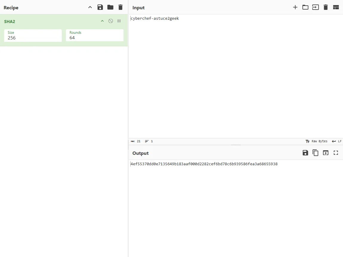 Calcul de hash SHA-256 dans CyberChef