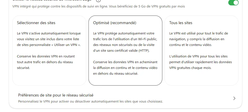 Modes du VPN gratuit Microsoft Edge