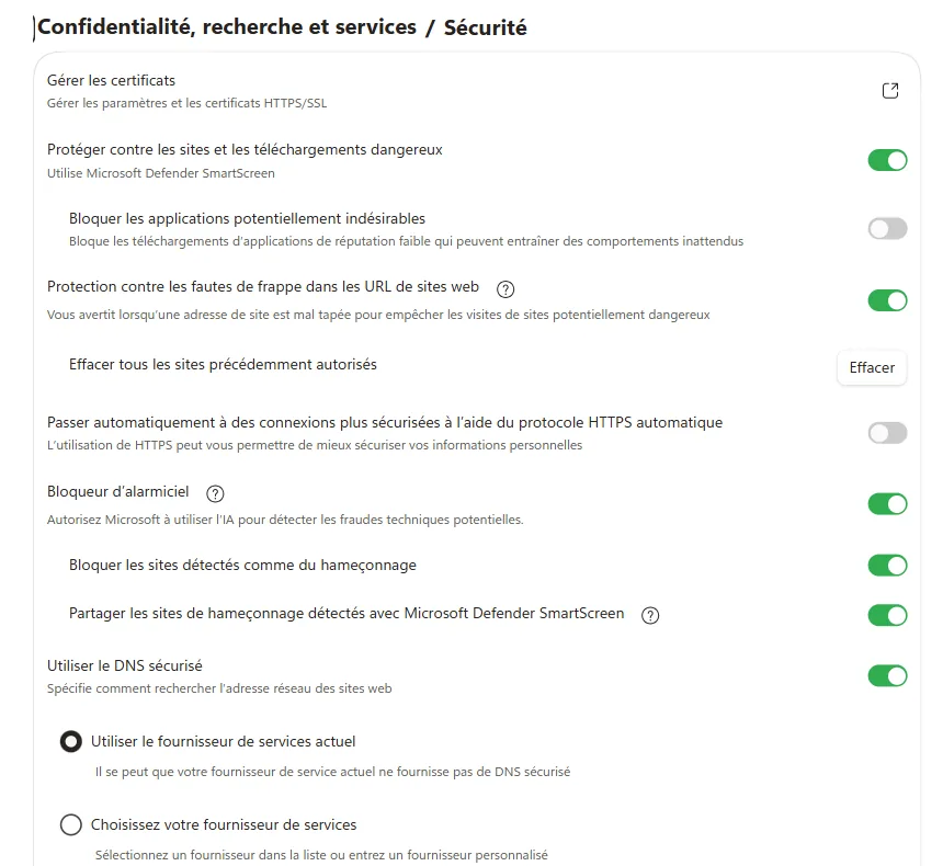 Section Sécurité des paramètres Microsoft Edge avant le réglage VPN