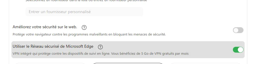 Interrupteur Réseau sécurisé Microsoft Edge activé