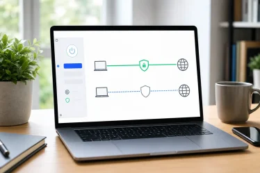 Ordinateur portable affichant une extension VPN avec un site exclu du tunnel