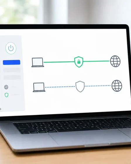 Ordinateur portable affichant une extension VPN avec un site exclu du tunnel