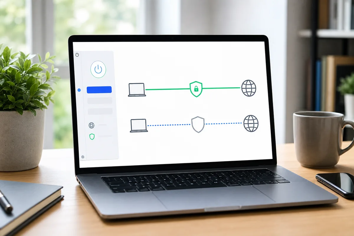 Ordinateur portable affichant une extension VPN avec un site exclu du tunnel